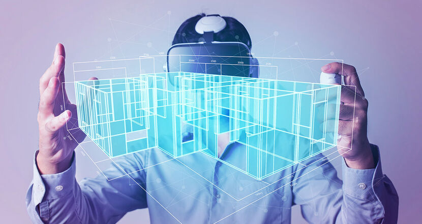 A photo illustration showing a man wearing VR glasses and digital structures between his hands.