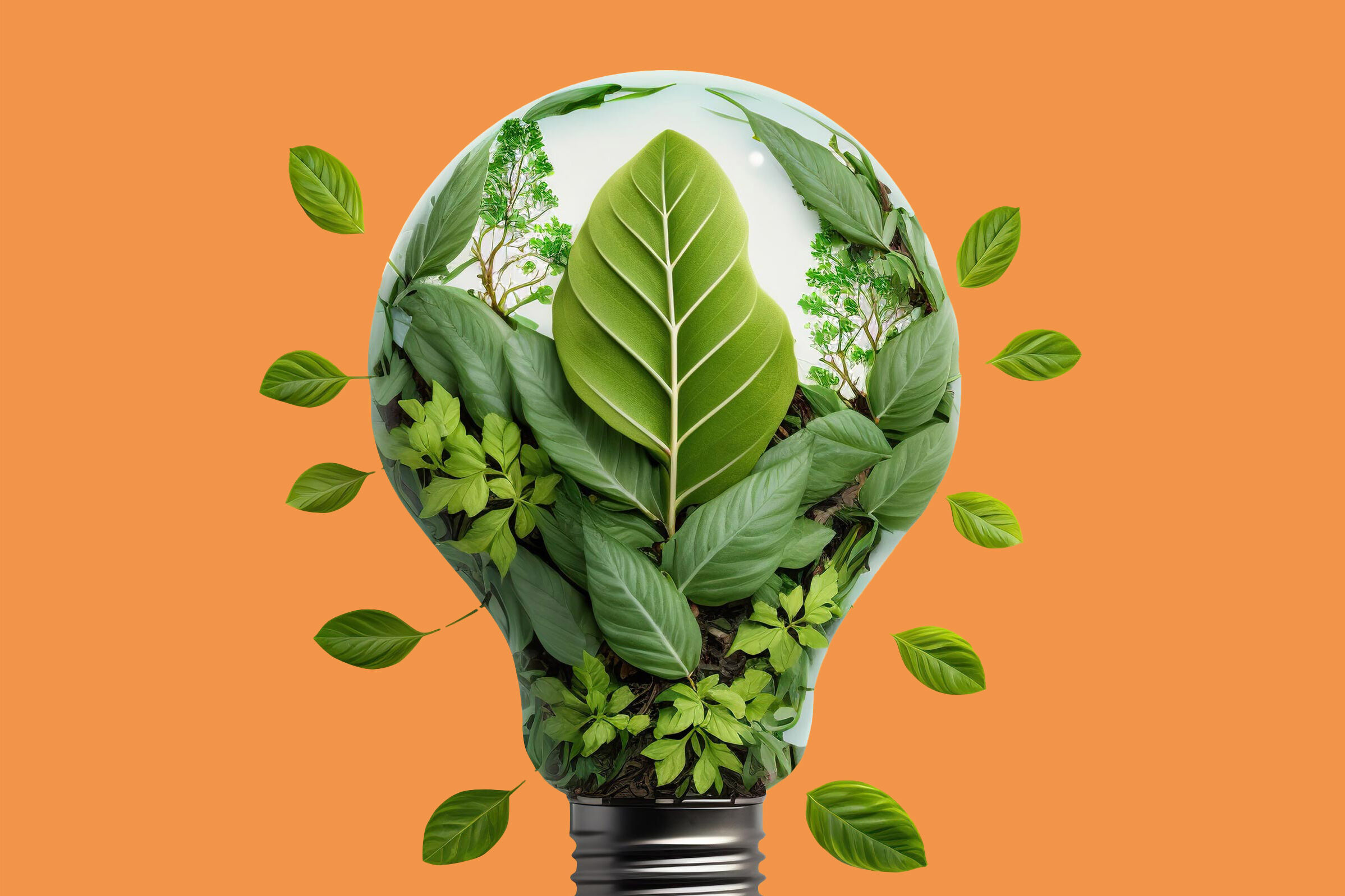 Sustainability and energy efficiency - light bulb with green leaves against an orange background