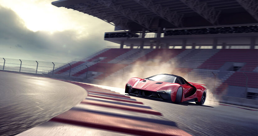 A sports car drifting on a race track.